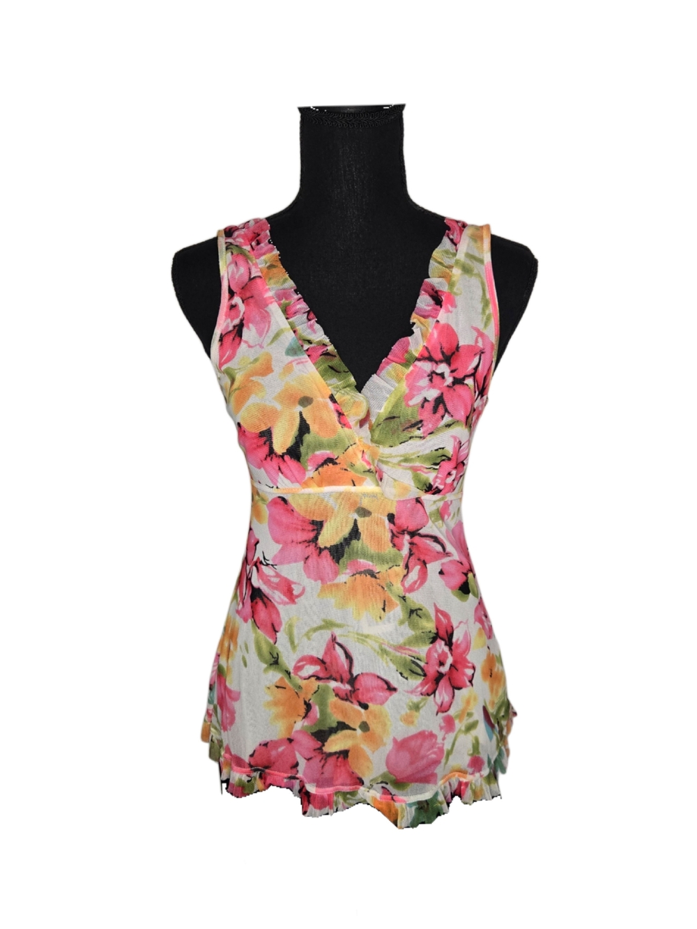 Vintage Y2k Floral Micromesh Ruffle Tank Top!